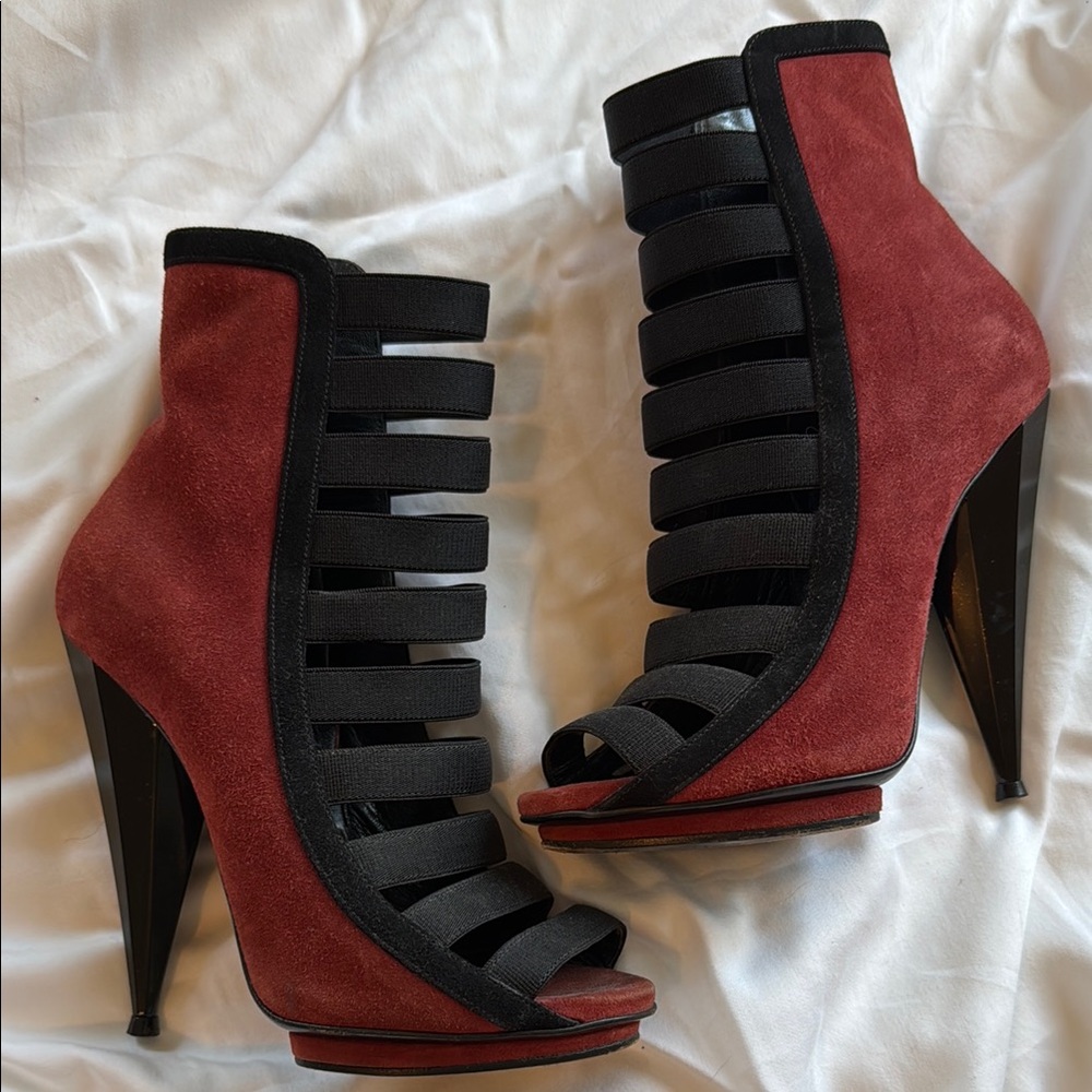 Gucci Vintage Black and Burgundy Strappy High Heel Bootie